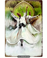 Sufi Whirling Dervish Dance Iron Wall Art, Handpainted Metal Painting, Spiritual Decor with Traditional Turkish Music Instrument, Weather-Resistant 8x12 Inch, Rustic Vintage Home or Office Decoration